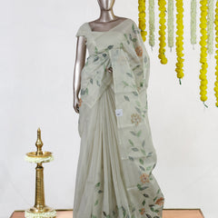 Ivory Woodland Bloom Embroidered Kota Tissue Onam Saree | Silks by Santinni