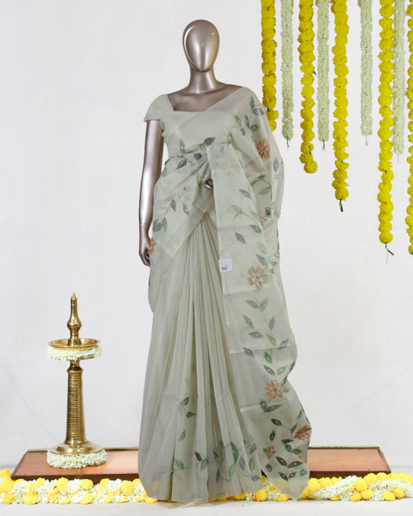 Ivory Woodland Bloom Embroidered Kota Tissue Onam Saree | Silks by Santinni