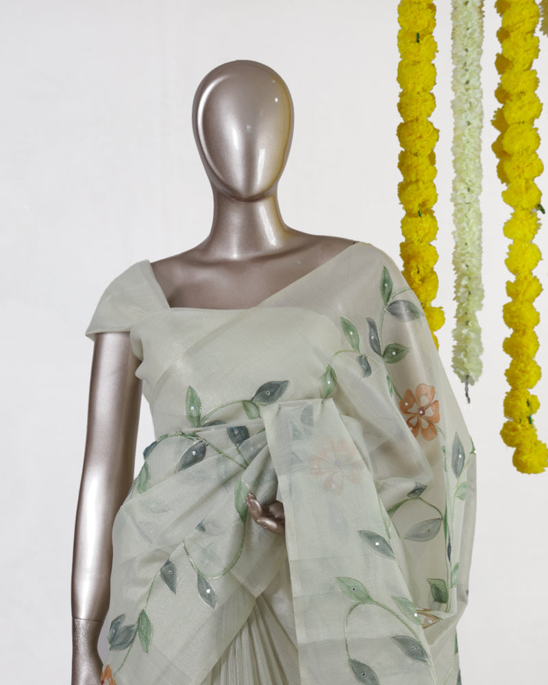 Ivory Woodland Bloom Embroidered Kota Tissue Onam Saree