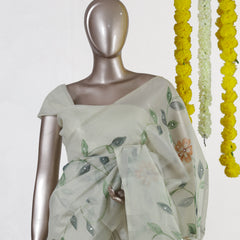 Ivory Woodland Bloom Embroidered Kota Tissue Onam Saree