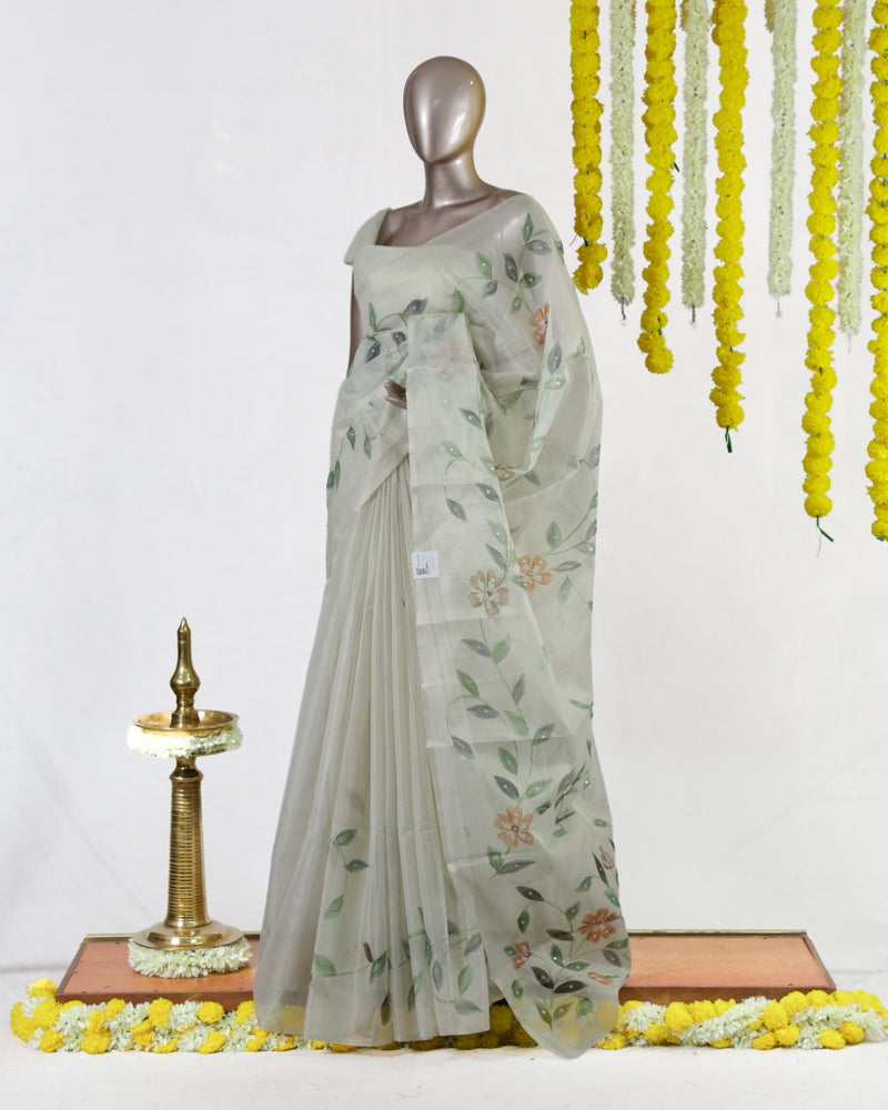 Ivory Woodland Bloom Embroidered Kota Tissue Onam Saree