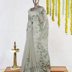 Ivory Woodland Bloom Embroidered Kota Tissue Onam Saree