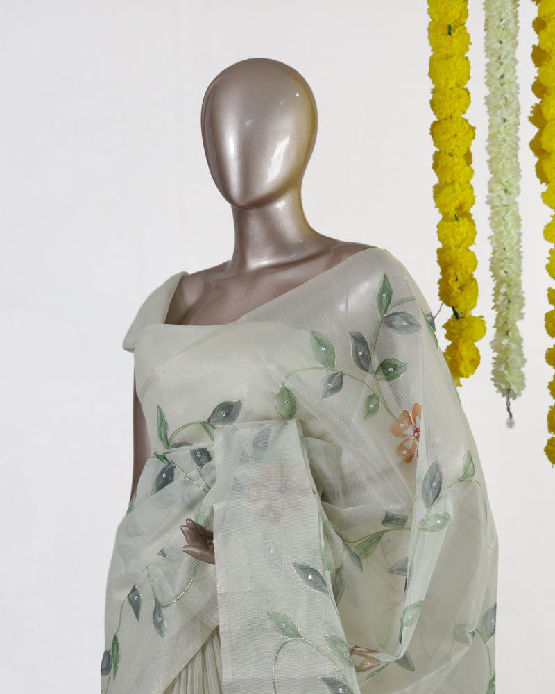 Ivory Woodland Bloom Embroidered Kota Tissue Onam Saree