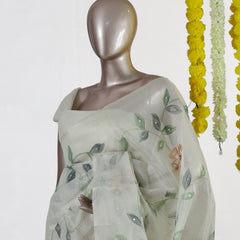 Ivory Woodland Bloom Embroidered Kota Tissue Onam Saree