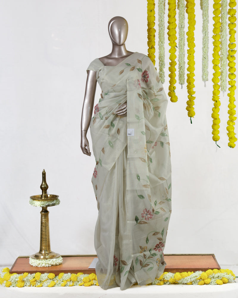 Ivory Rosé Vine Embroidered Kota Tissue Onam Saree