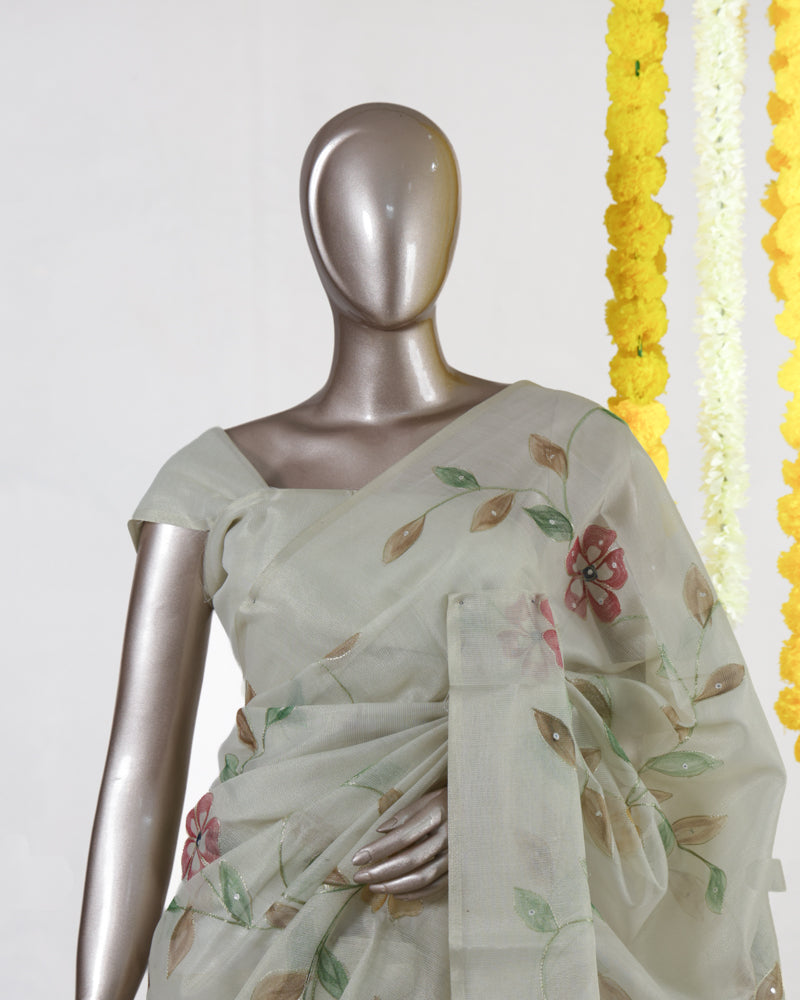 Ivory Rosé Vine Embroidered Kota Tissue Onam Saree