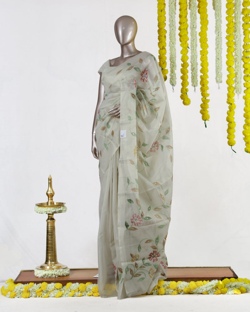 Ivory Rosé Vine Embroidered Kota Tissue Onam Saree