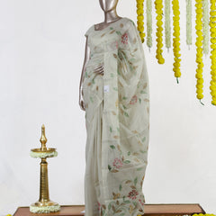Ivory Rosé Vine Embroidered Kota Tissue Onam Saree