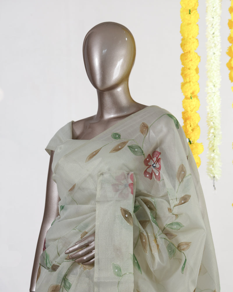 Ivory Rosé Vine Embroidered Kota Tissue Onam Saree