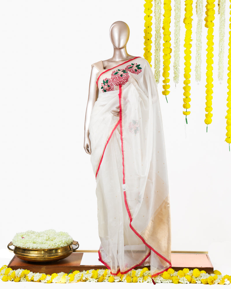 Ivory Floral Embroidered Organza Saree