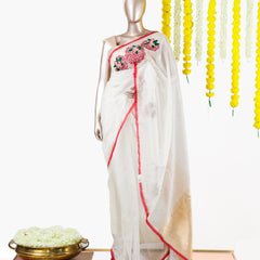 Ivory Floral Embroidered Organza Saree