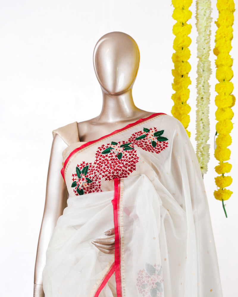 Ivory Floral Embroidered Organza Saree