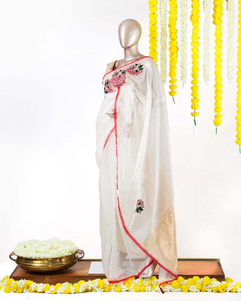 Ivory Floral Embroidered Organza Saree