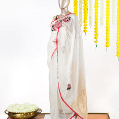 Ivory Floral Embroidered Organza Saree