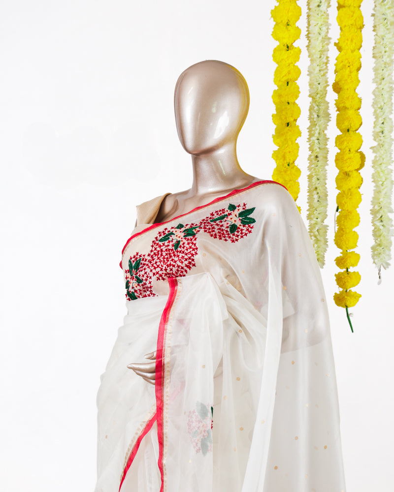 Ivory Floral Embroidered Organza Saree