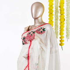 Ivory Floral Embroidered Organza Saree