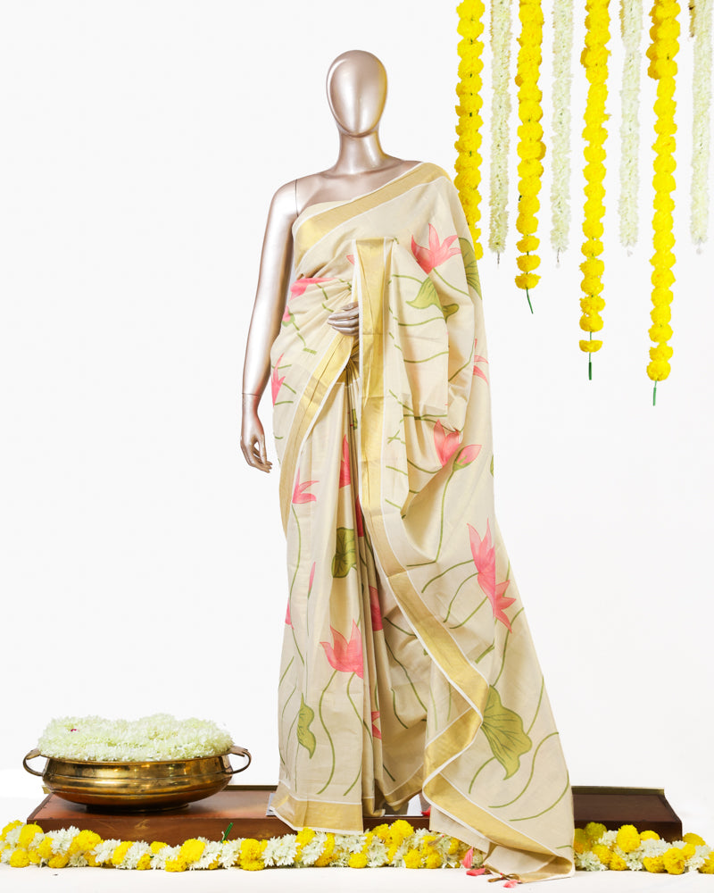 Pink Lotus Kerala Tissue Saree