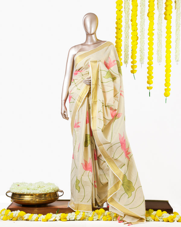 Pink Lotus Kerala Tissue Saree