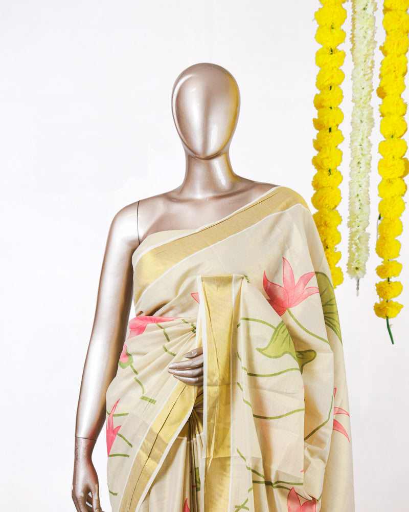 Pink Lotus Kerala Tissue Saree
