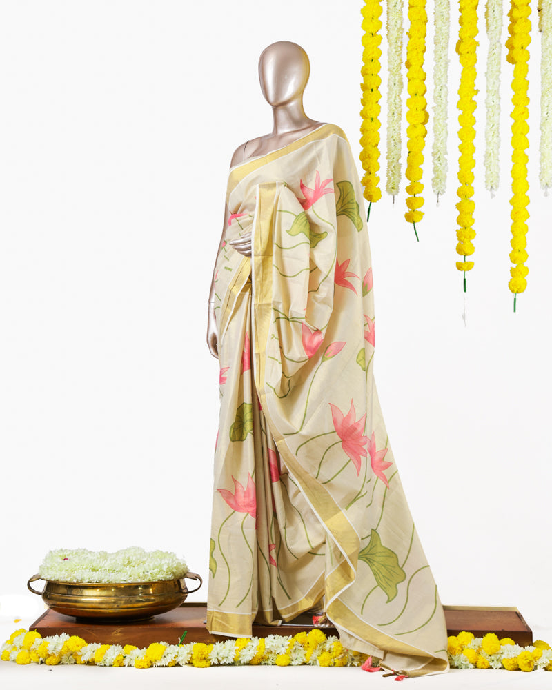 Pink Lotus Kerala Tissue Saree