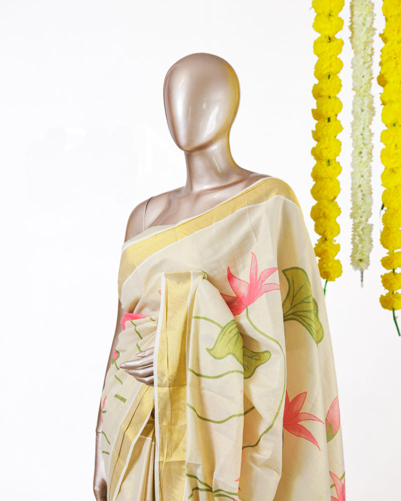 Pink Lotus Kerala Tissue Saree
