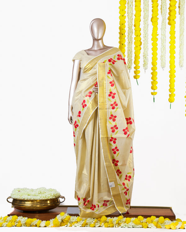 Crimson Blossom Kerala Tissue Saree