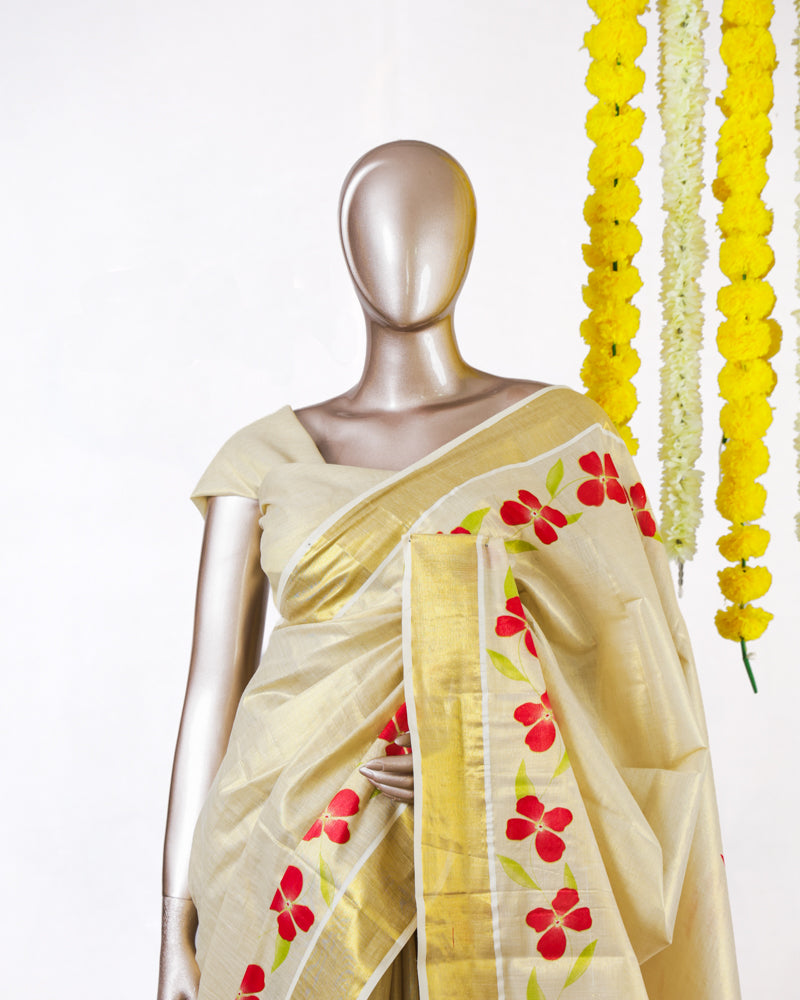 Crimson Blossom Kerala Tissue Saree