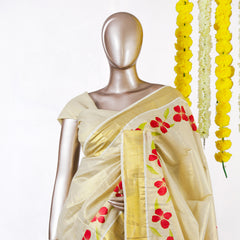 Crimson Blossom Kerala Tissue Saree