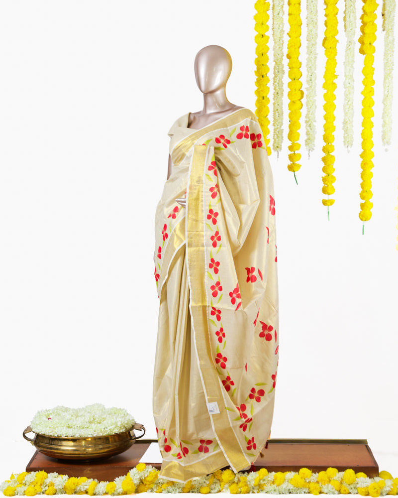 Crimson Blossom Kerala Tissue Saree