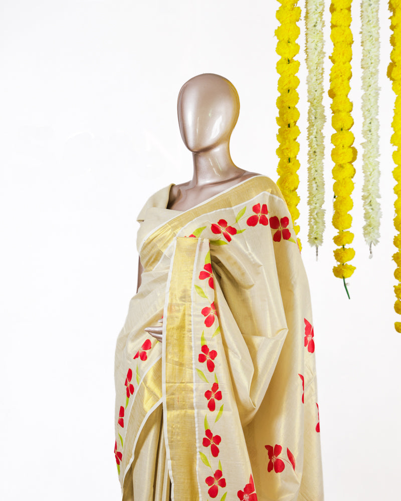 Crimson Blossom Kerala Tissue Saree