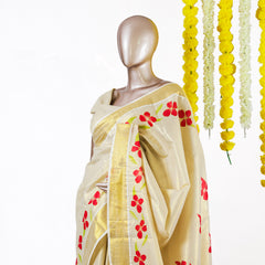 Crimson Blossom Kerala Tissue Saree
