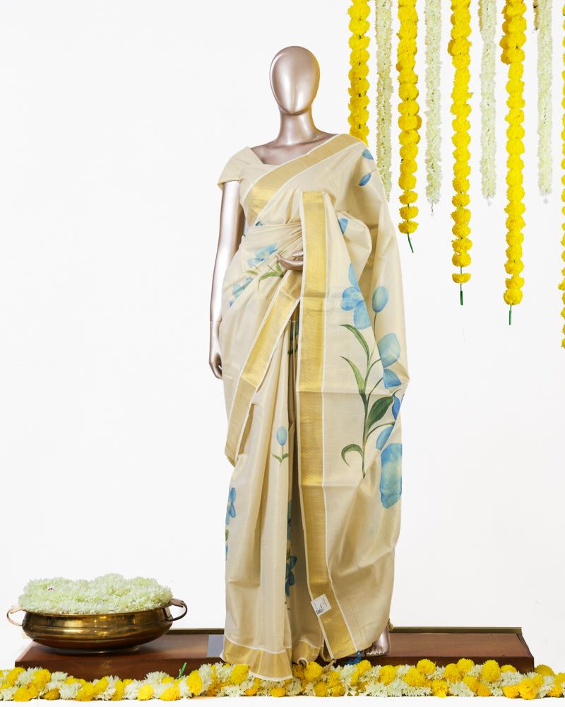 Blue Blossom Kerala Tissue Saree