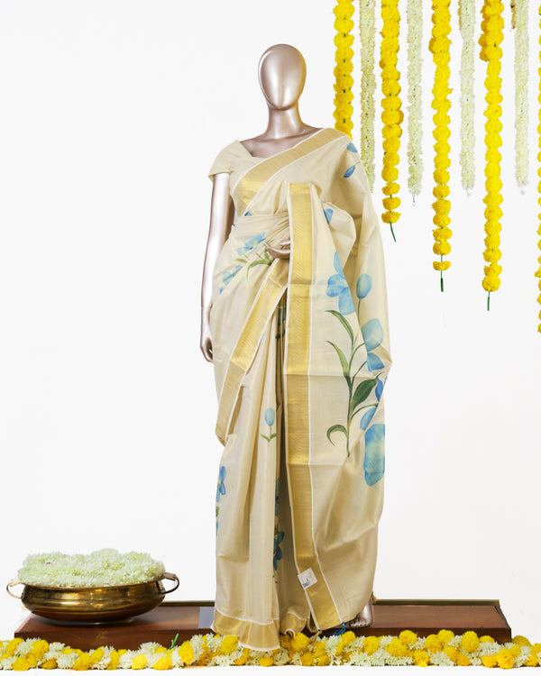 Blue Blossom Kerala Tissue Saree