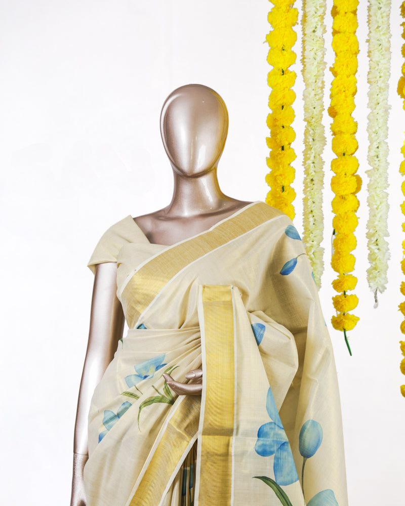 Blue Blossom Kerala Tissue Saree