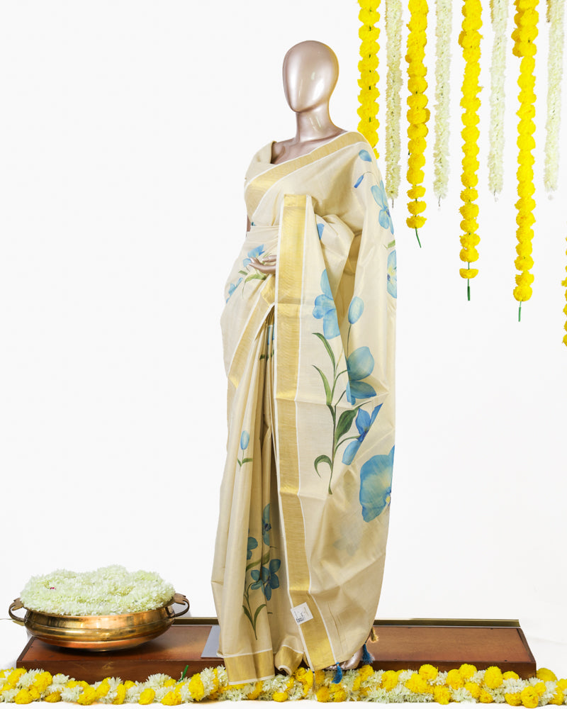 Blue Blossom Kerala Tissue Saree