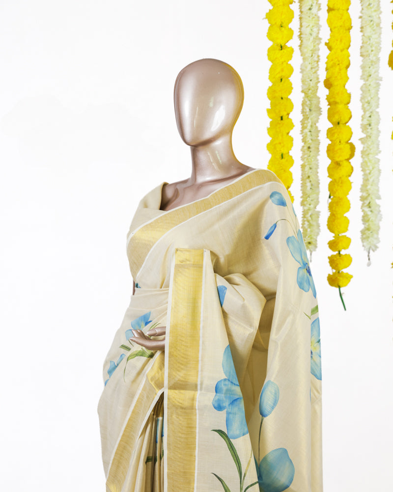 Blue Blossom Kerala Tissue Saree