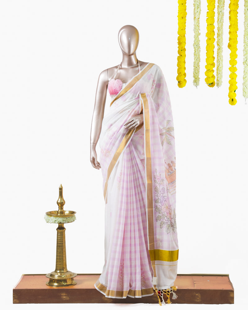 പൂവും പത്രവും  |  Pastel Pink Floral Kerala Saree