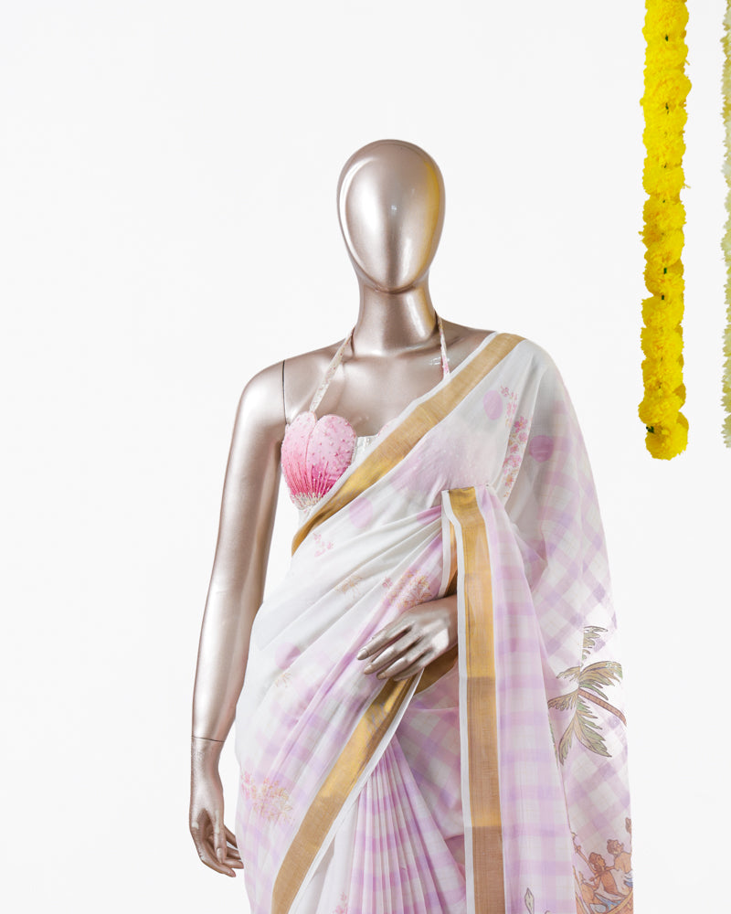 പൂവും പത്രവും  |  Pastel Pink Floral Kerala Saree