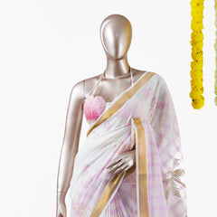 പൂവും പത്രവും  |  Pastel Pink Floral Kerala Saree