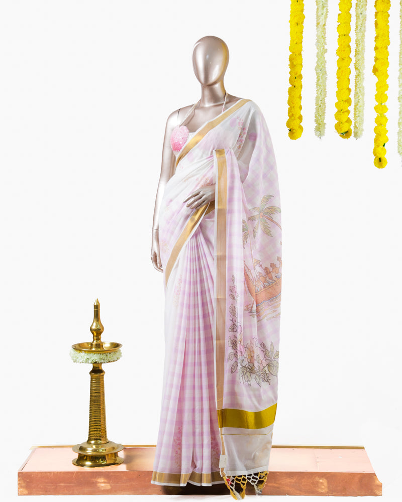 പൂവും പത്രവും  |  Pastel Pink Floral Kerala Saree