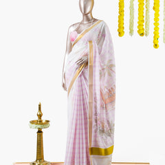 പൂവും പത്രവും  |  Pastel Pink Floral Kerala Saree