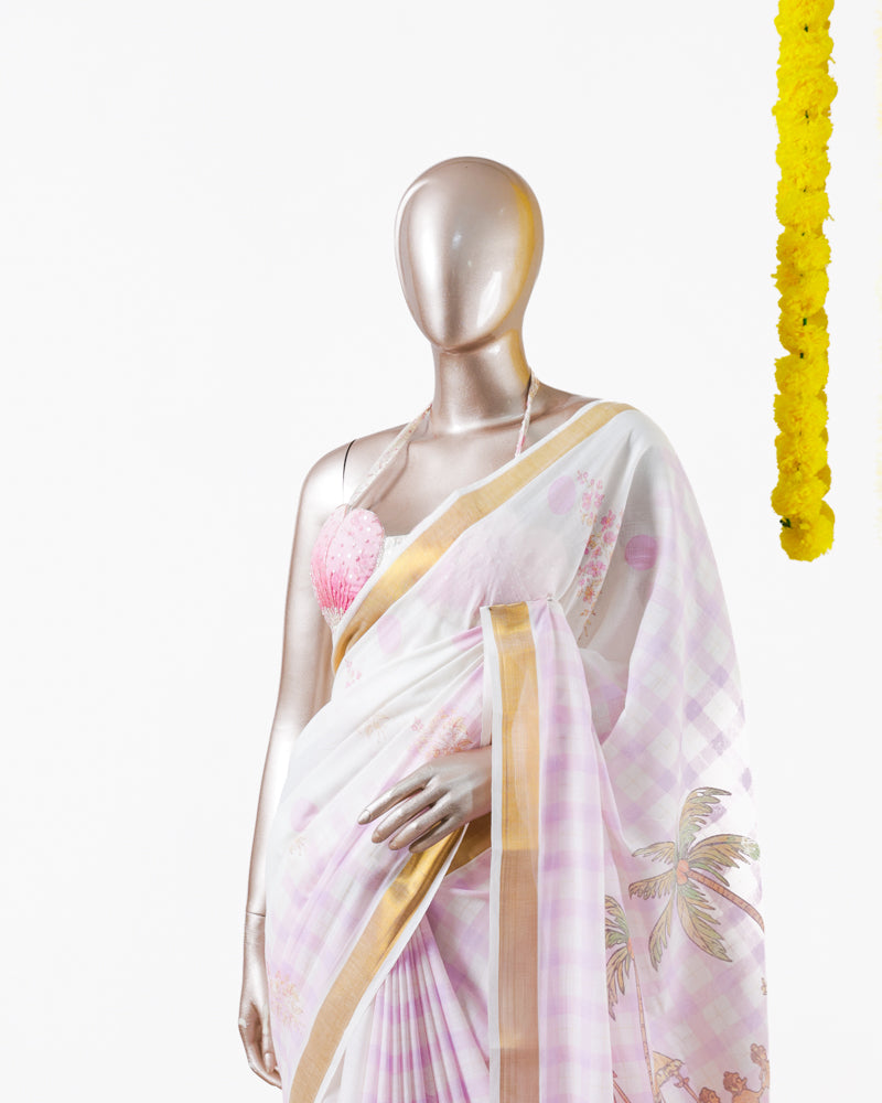 പൂവും പത്രവും  |  Pastel Pink Floral Kerala Saree