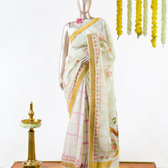 Pastel Floral Print Kerala Saree with Handworked Details