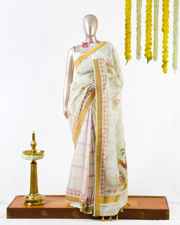 Pastel Floral Print Kerala Saree with Handworked Details