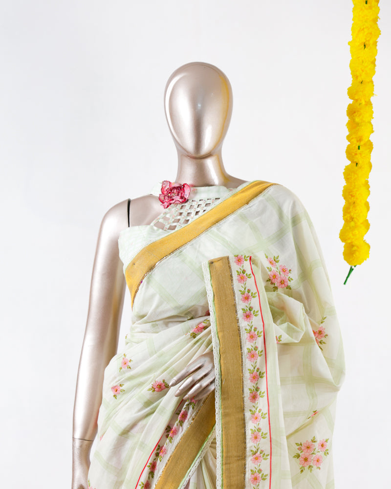 Pastel Floral Print Kerala Saree with Handworked Details