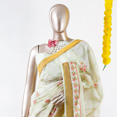 Pastel Floral Print Kerala Saree with Handworked Details