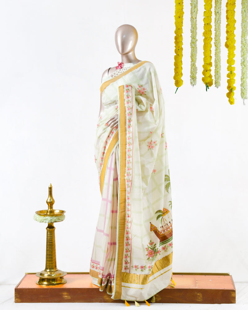 Pastel Floral Print Kerala Saree with Handworked Details