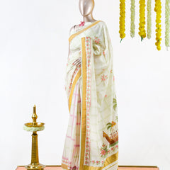 Pastel Floral Print Kerala Saree with Handworked Details