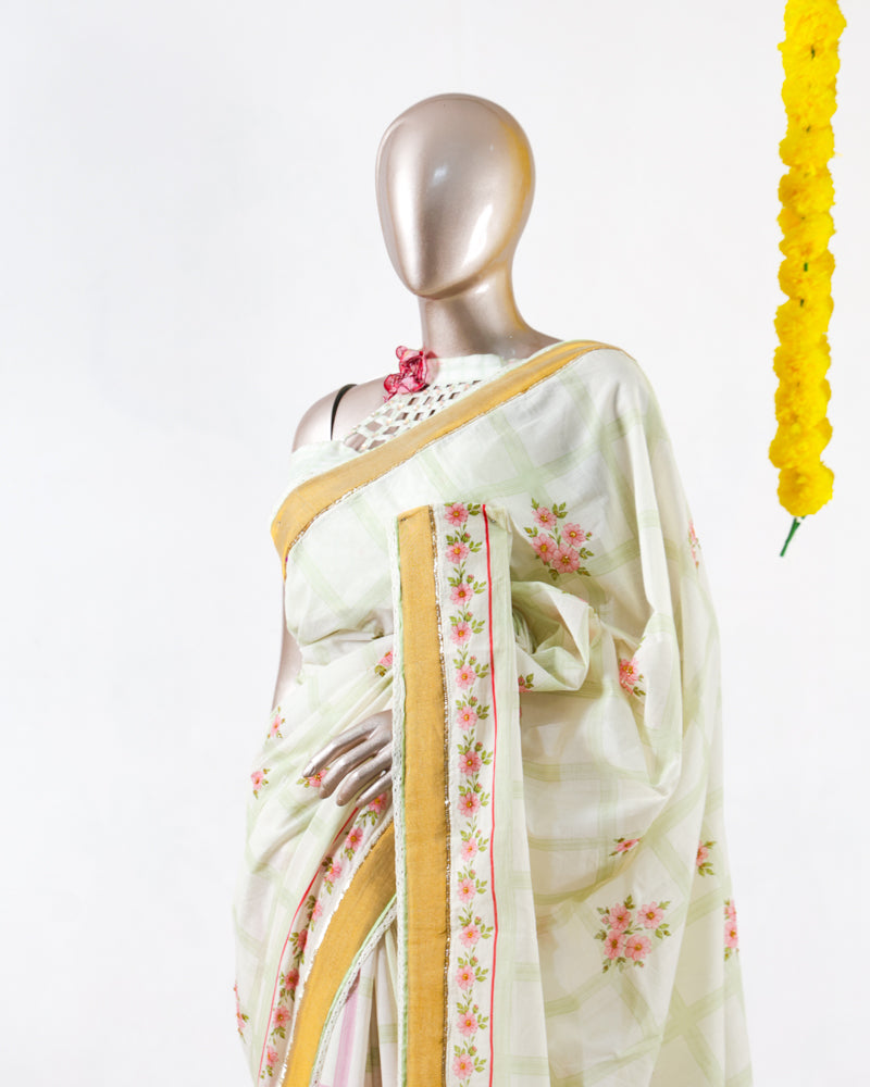 Pastel Floral Print Kerala Saree with Handworked Details