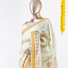 Pastel Floral Print Kerala Saree with Handworked Details
